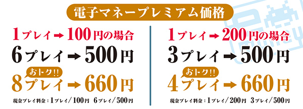 1プレイ100円の場合8プレイ660円、1プレイ200円の場合4プレイ660円に！